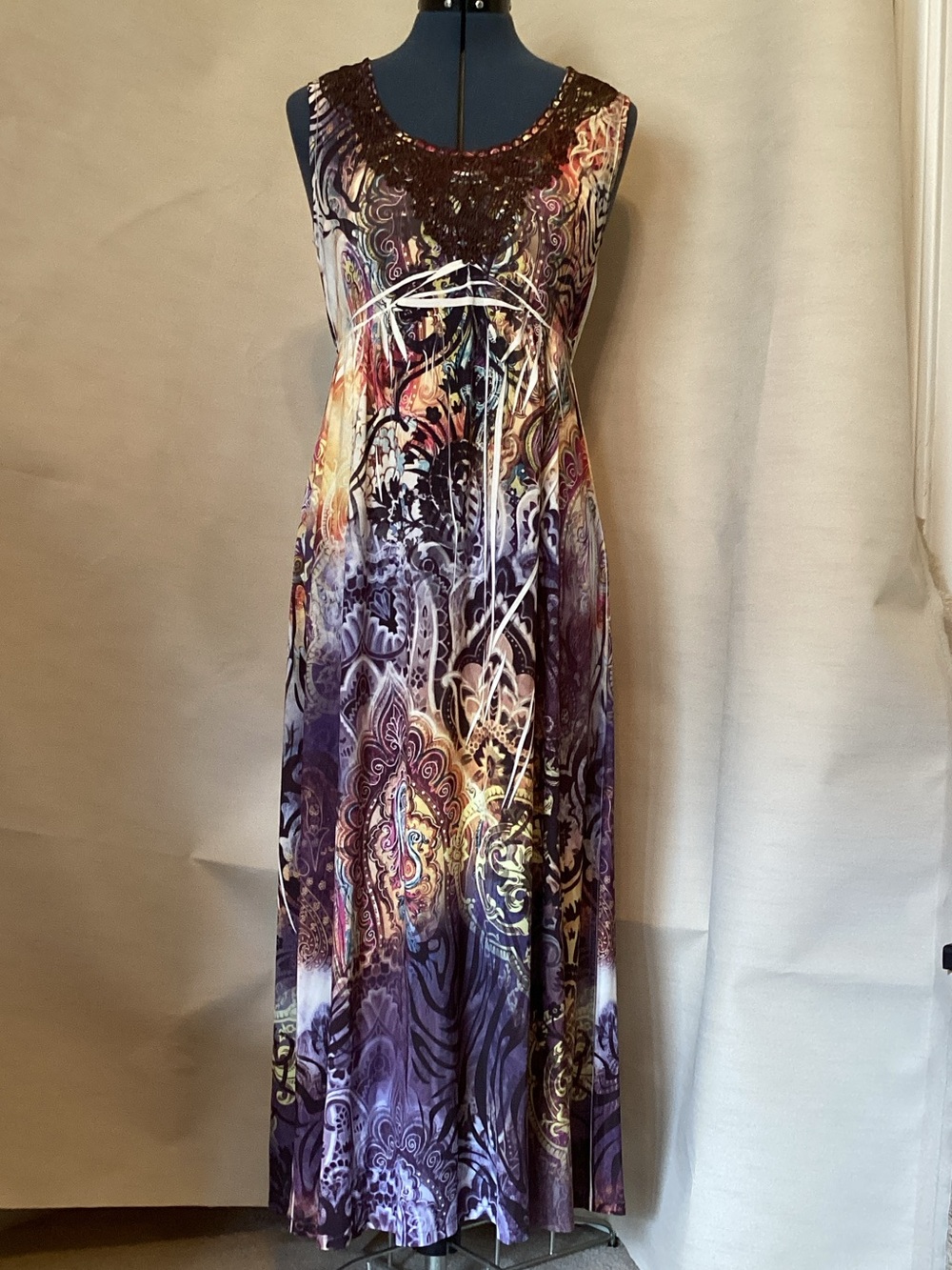 Style & Co. Purple Multicolor Beaded Neck Sleeveless Maxi Dress